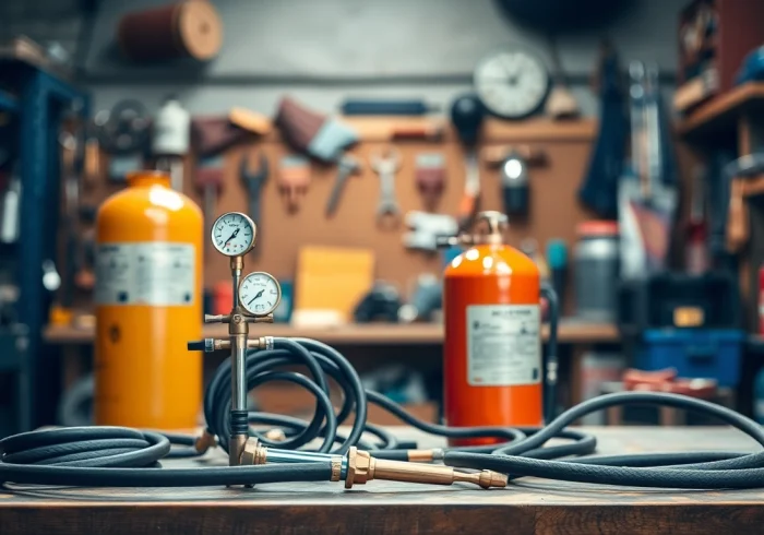 Showcasing an oxy acetylene welding kit with essential tools on a workshop bench.