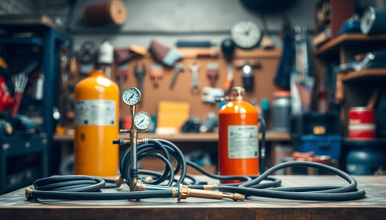 Showcasing an oxy acetylene welding kit with essential tools on a workshop bench.