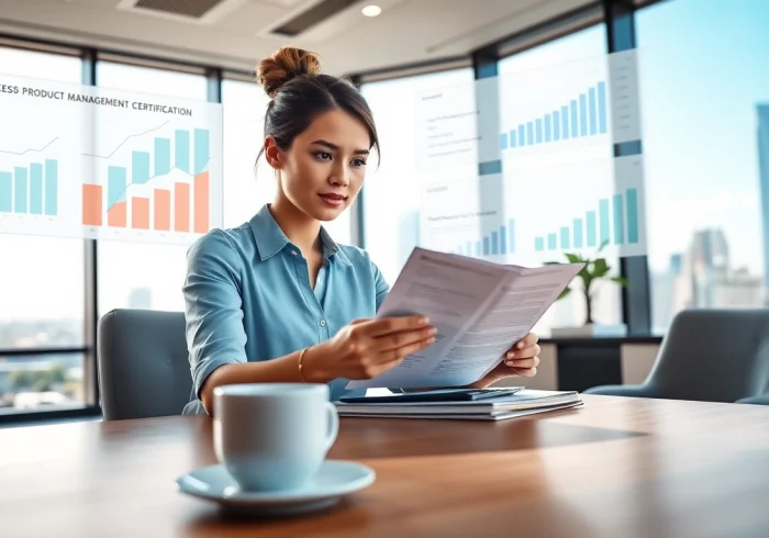 Achieve product management certification as a focused professional in a modern office setting.