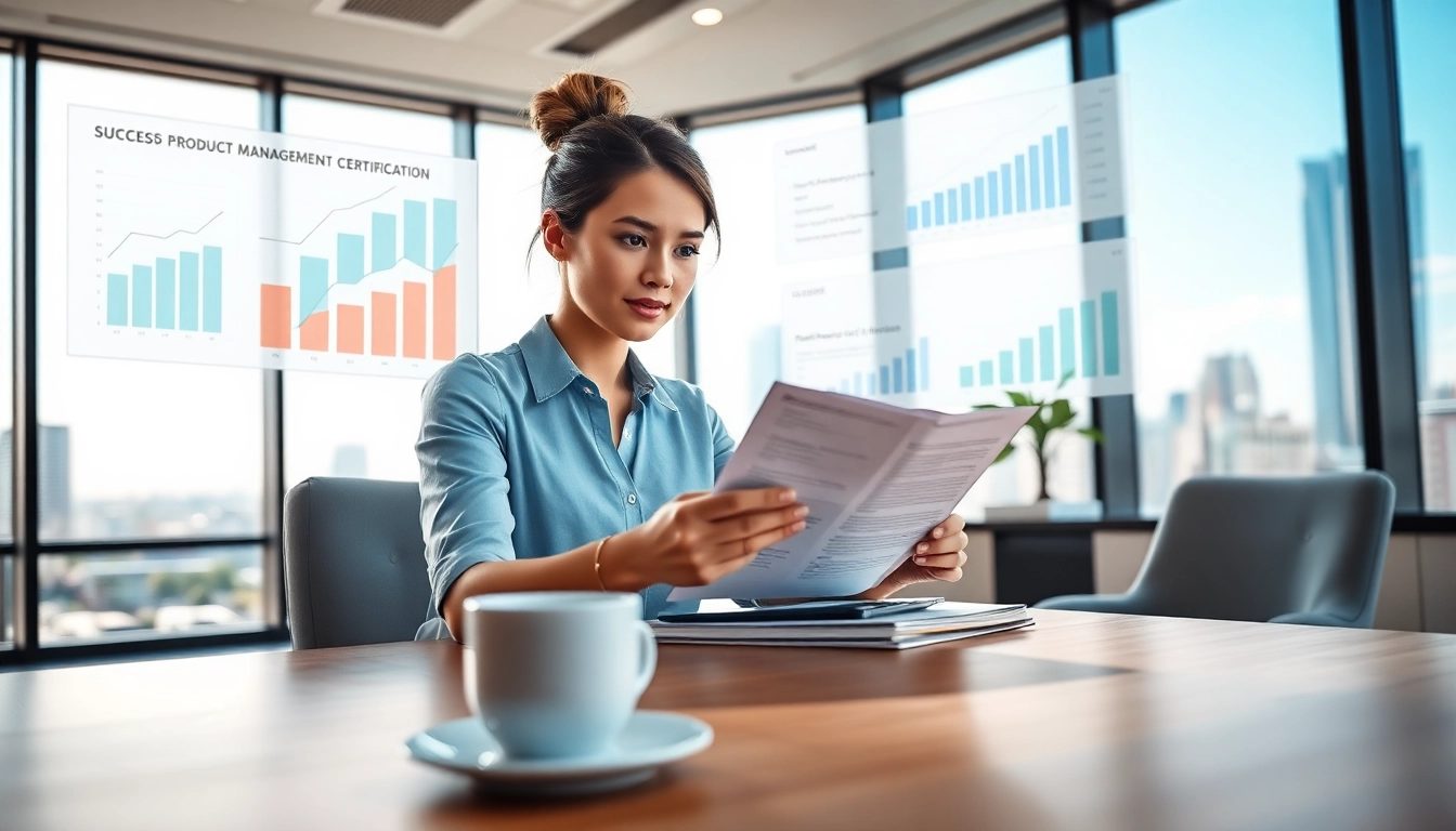 Achieve product management certification as a focused professional in a modern office setting.