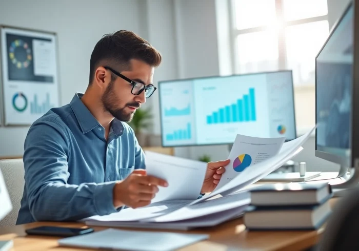 Research program manager analyzing project data in a bright, modern office.