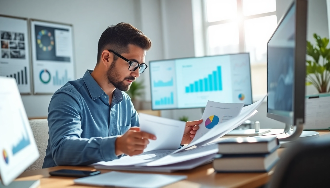 Research program manager analyzing project data in a bright, modern office.