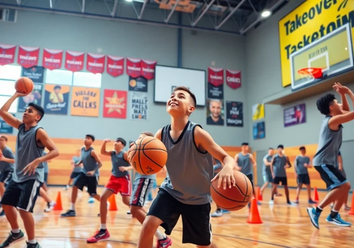 Young athletes training at Takeover Basketball Academy, showcasing their skills and teamwork.