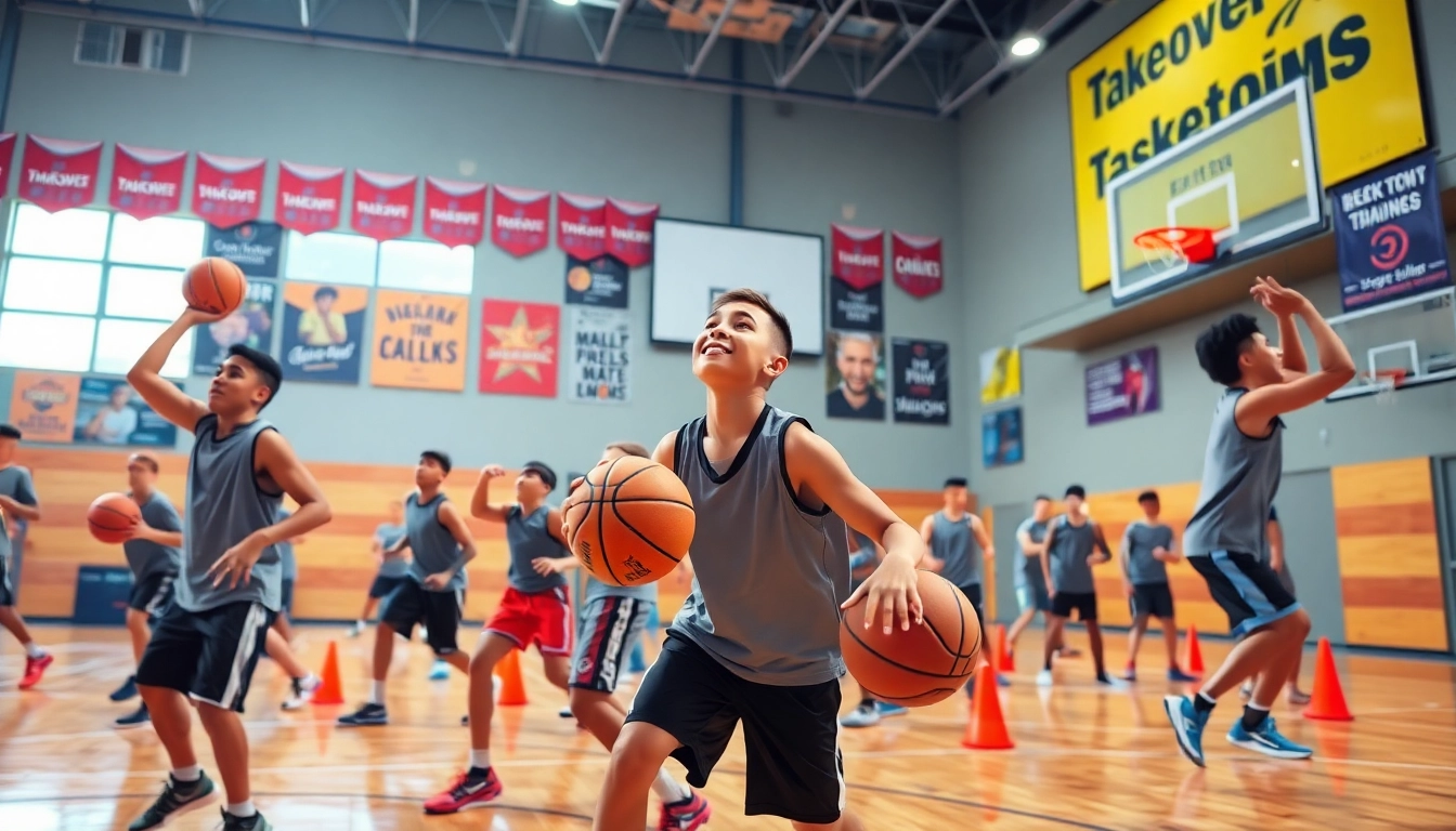Young athletes training at Takeover Basketball Academy, showcasing their skills and teamwork.