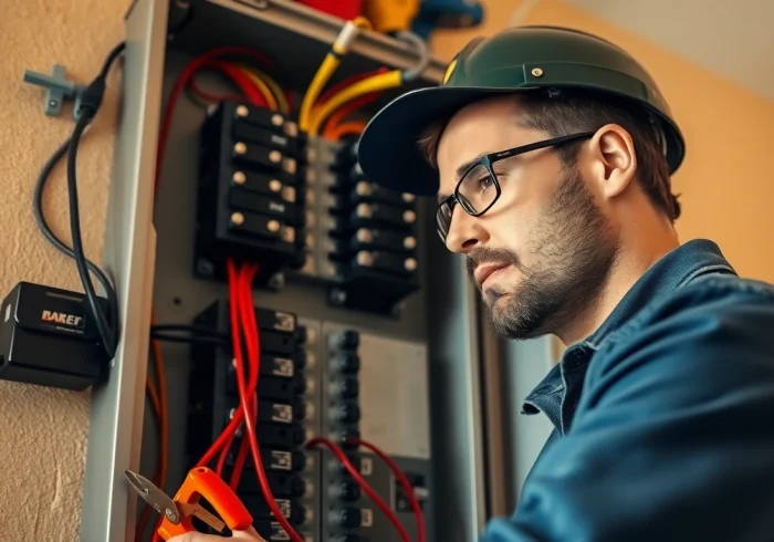 Skilled electrician performing an Electrical Panel Upgrade, showcasing detailed panel work and tools.