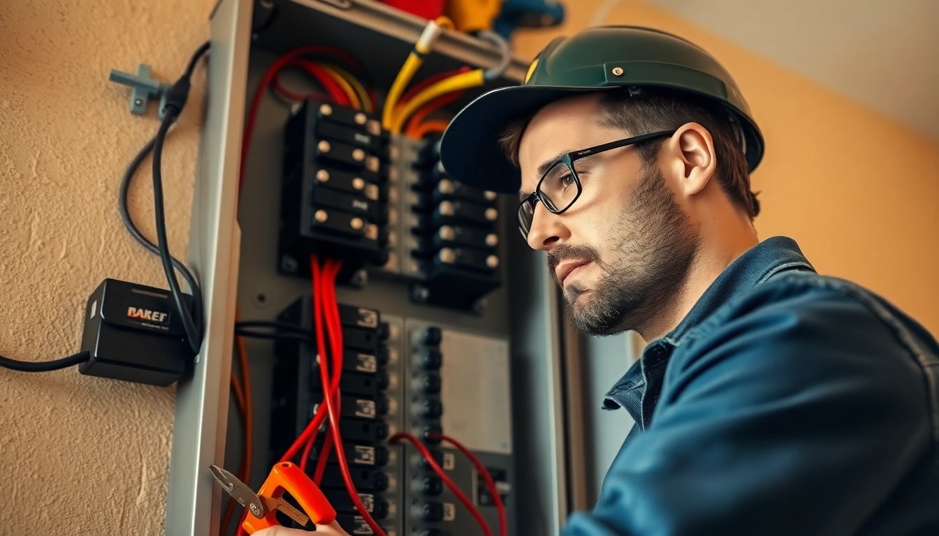 Skilled electrician performing an Electrical Panel Upgrade, showcasing detailed panel work and tools.