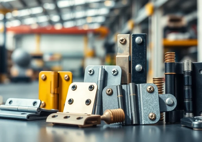 High-quality hinges arranged artfully by a hinge supplier in an industrial workspace.