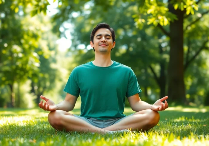 Practicing mindfulness meditation helps with dealing with anxiety in a serene park.
