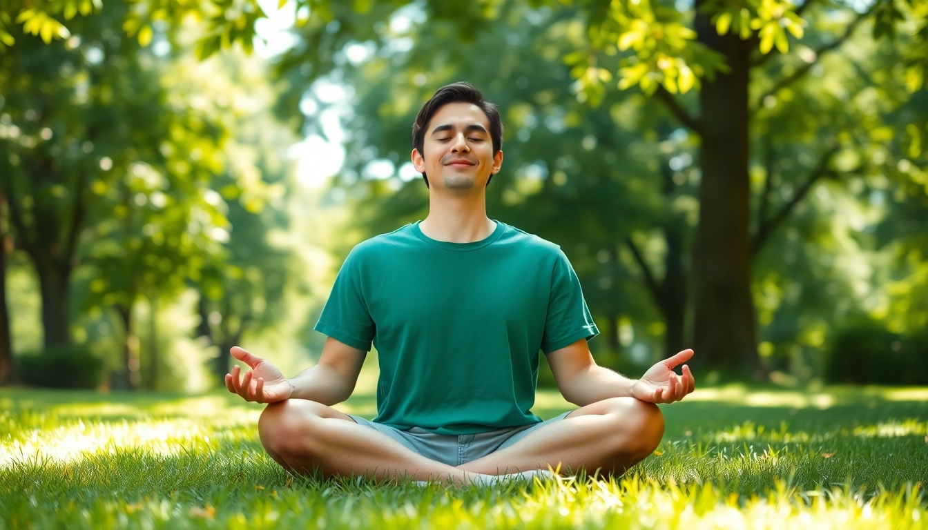 Practicing mindfulness meditation helps with dealing with anxiety in a serene park.