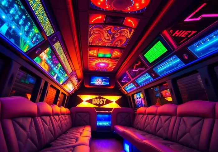 Enjoy the vibrant interior of an Atlanta party bus with plush seating and modern amenities perfect for celebrations.