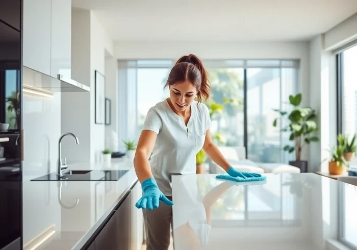 Performing bond cleaning Brisbane with precision in a bright apartment setting, showcasing impeccable surfaces.
