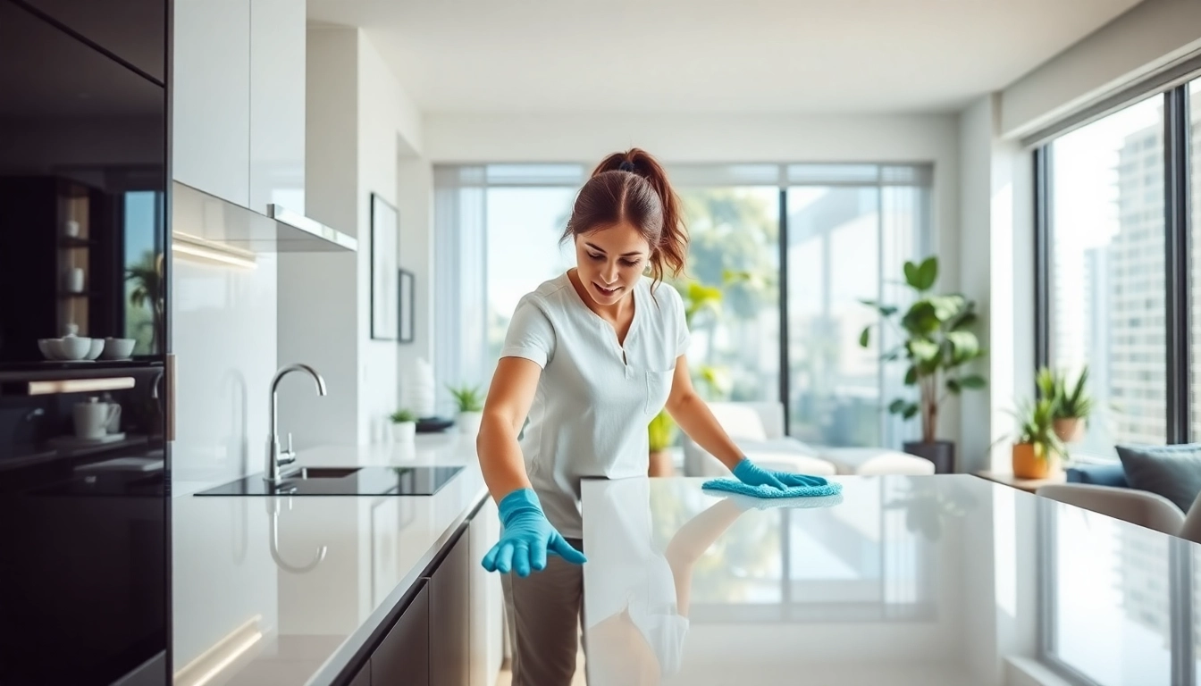 Performing bond cleaning Brisbane with precision in a bright apartment setting, showcasing impeccable surfaces.