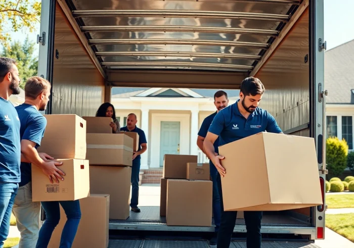 Engaged team of Cheap movers efficiently loading boxes into a truck in a suburban setting.
