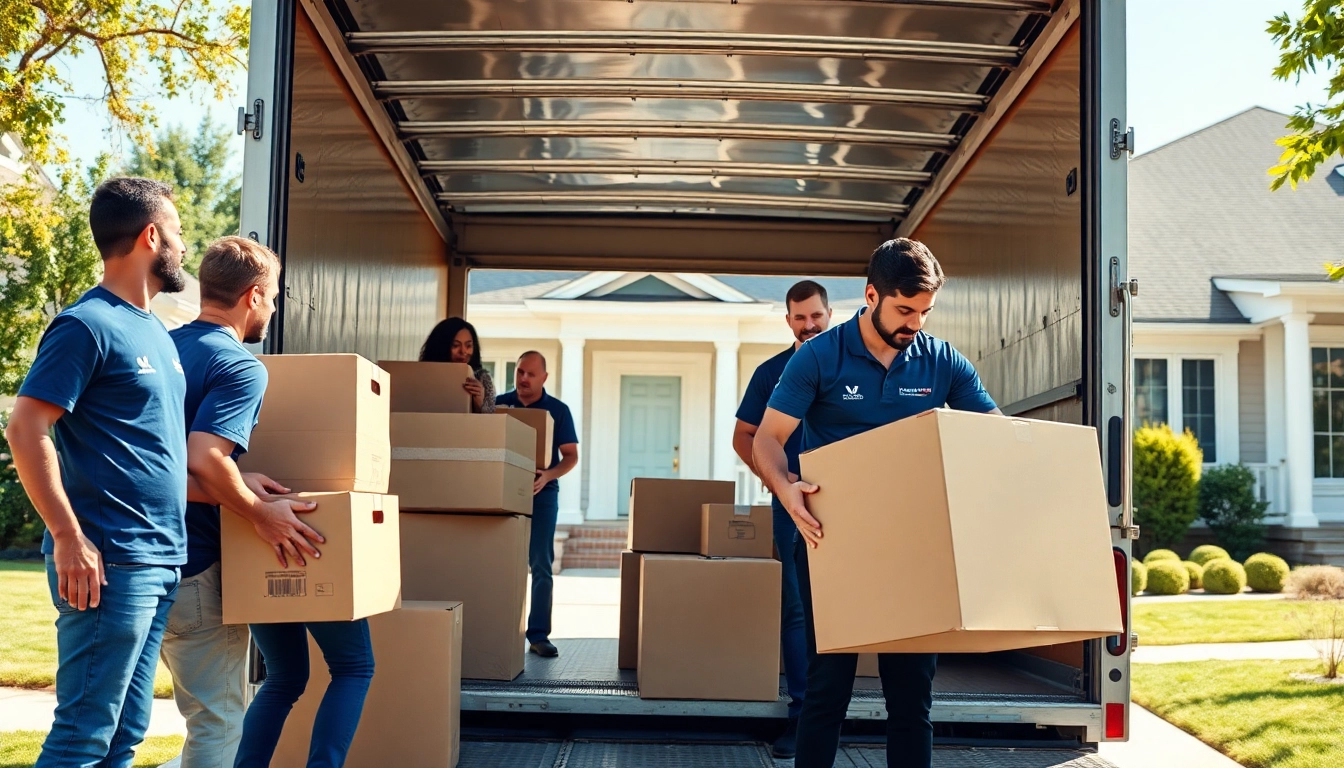 Engaged team of Cheap movers efficiently loading boxes into a truck in a suburban setting.