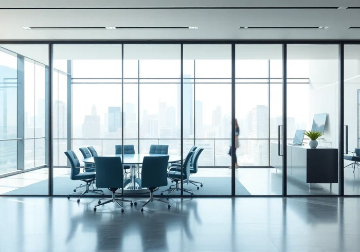 Showcasing movable glass partitions that enhance the modern office space with transparency and flexibility.