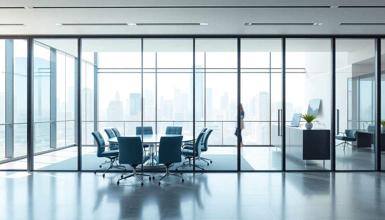 Showcasing movable glass partitions that enhance the modern office space with transparency and flexibility.