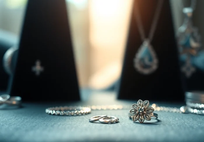 Admire exquisite silver jewelry including rings and necklaces, highlighting intricate designs and craftsmanship.
