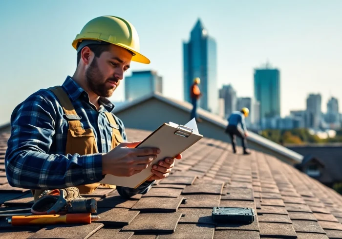 Best roofing company in Austin showcasing a contractor inspecting a residential roof in Texas.