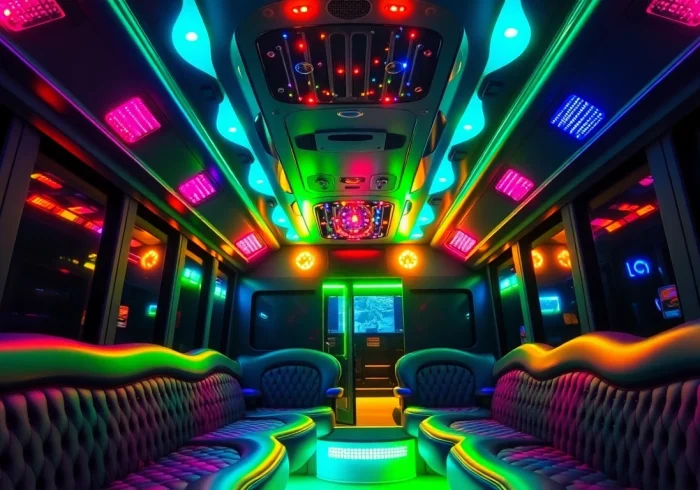 Experience the excitement of an atlanta party bus with plush seating and vibrant lighting.