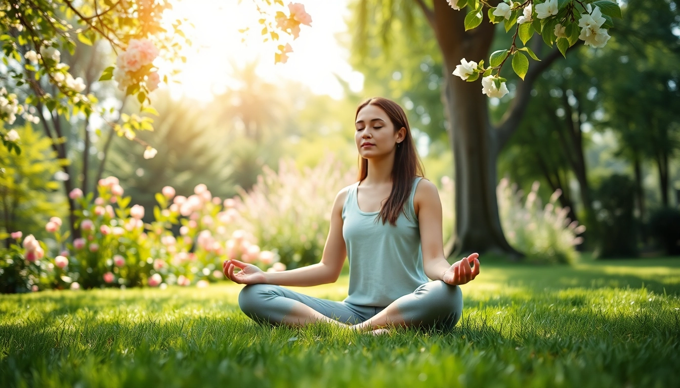 Practicing mindfulness in a serene garden setting for dealing with anxiety.