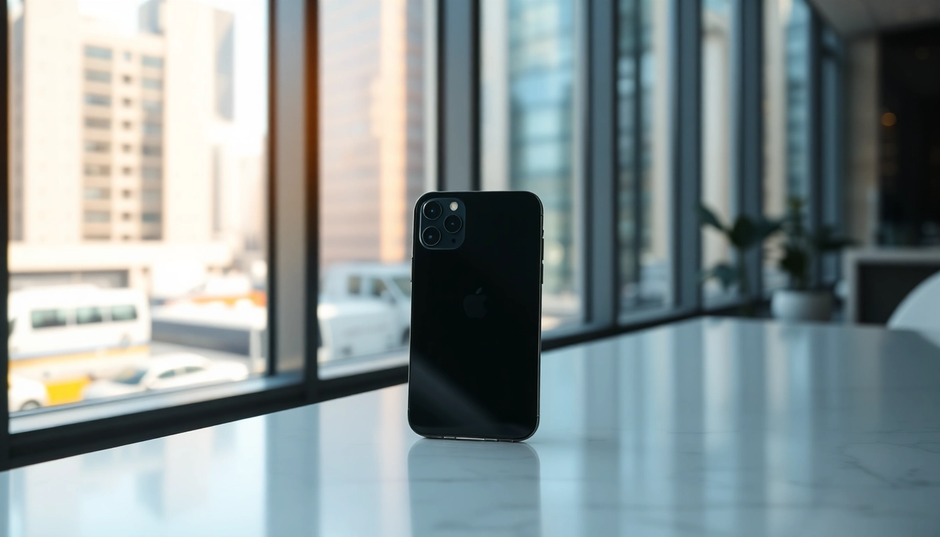 Buy iPhone 16 Pro Max showcased beautifully on a modern desk next to a vibrant urban background.