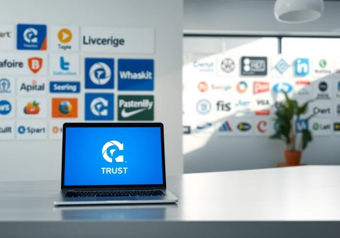 Designing a trademark logo in a professional setting with branding elements in the background.