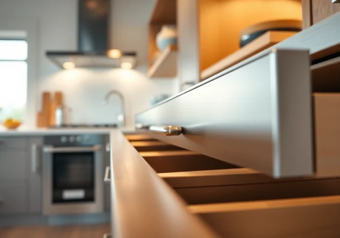 View of a functional Metal Drawer System in a modern kitchen environment, showcasing sleek design and smooth operation.