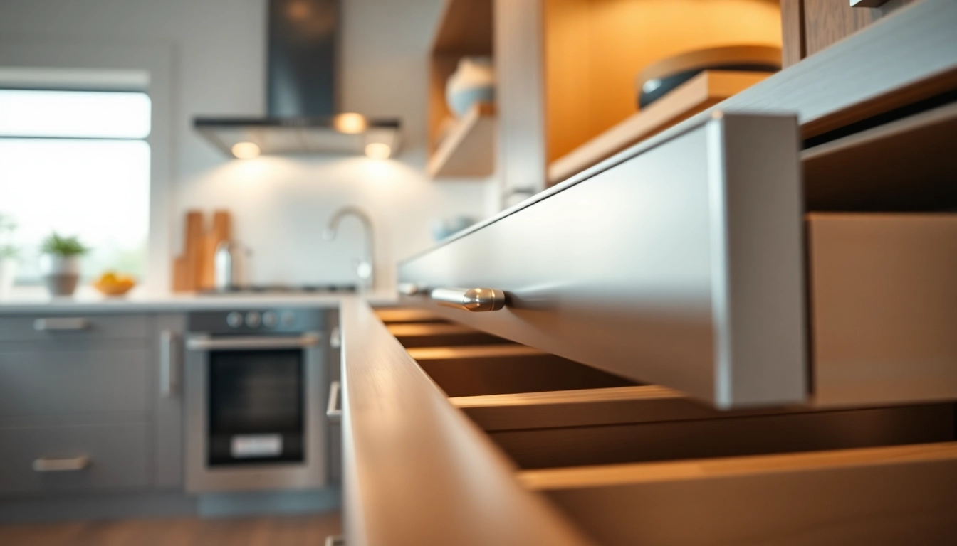View of a functional Metal Drawer System in a modern kitchen environment, showcasing sleek design and smooth operation.