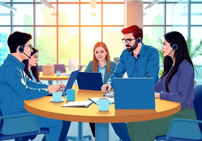 Helpdesk support team collaborating at a modern office table with technology.