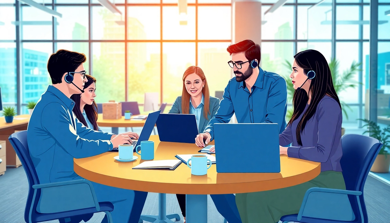 Helpdesk support team collaborating at a modern office table with technology.