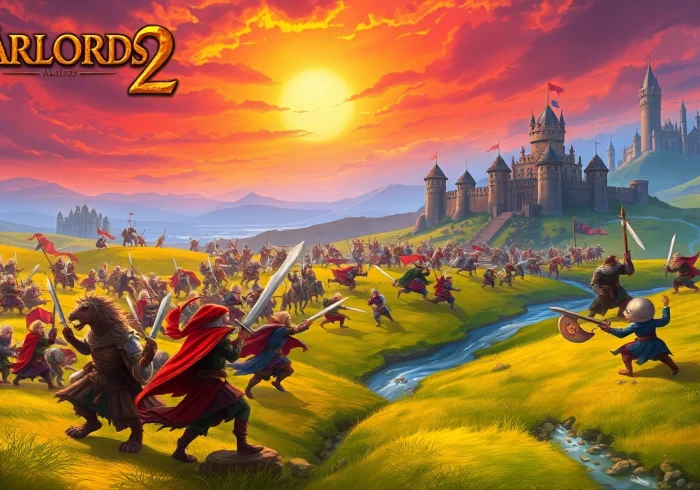 Engaging battle scene from Warlords 2 showcasing diverse armies clashing amidst a vibrant fantasy landscape.