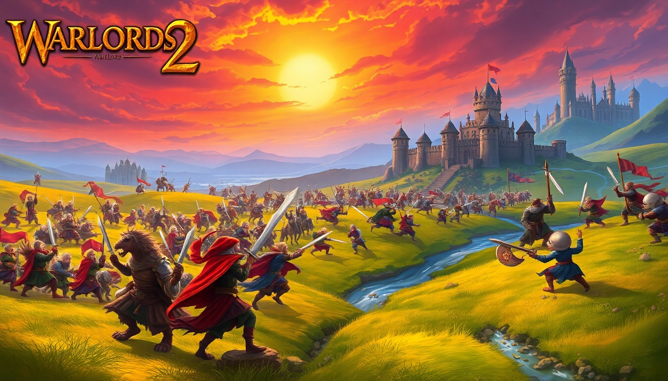 Engaging battle scene from Warlords 2 showcasing diverse armies clashing amidst a vibrant fantasy landscape.