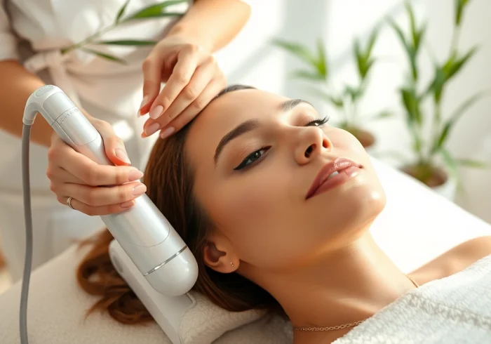 Client enjoying a hydra facial treatment in a tranquil spa setting with soft lighting.