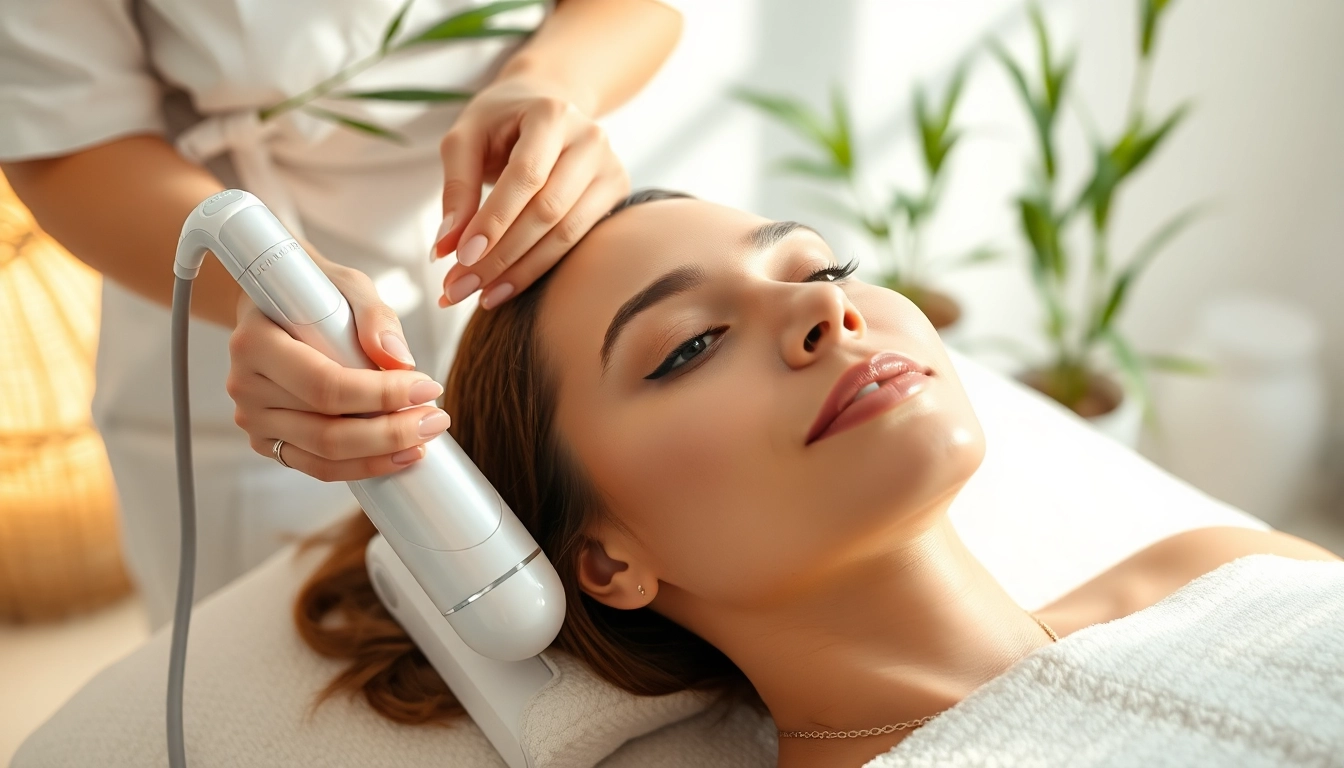 Client enjoying a hydra facial treatment in a tranquil spa setting with soft lighting.