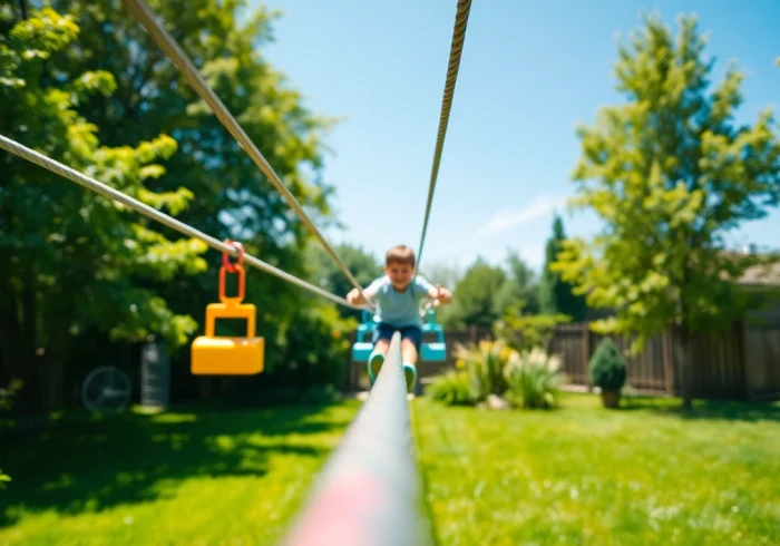 Child enjoying a fun moment on the GARDEN ZIP WIRE KIT set up in a vibrant garden