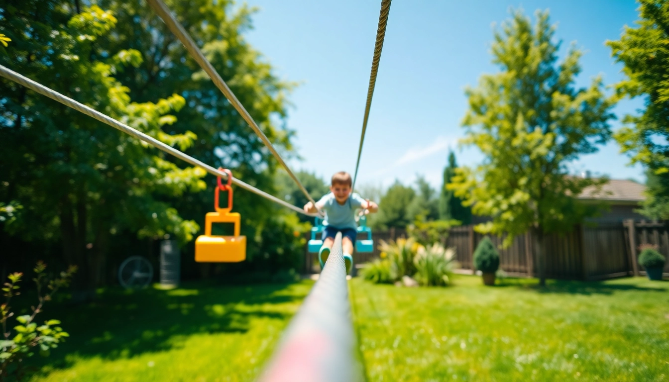 Child enjoying a fun moment on the GARDEN ZIP WIRE KIT set up in a vibrant garden
