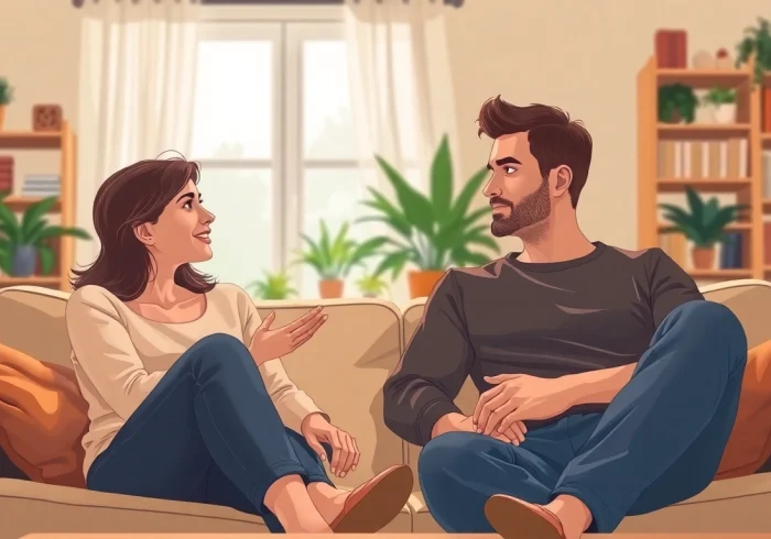 Couple nurturing communication in relationships while seated together in a warm living room setting.