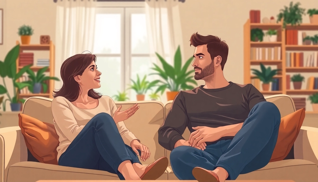 Couple nurturing communication in relationships while seated together in a warm living room setting.