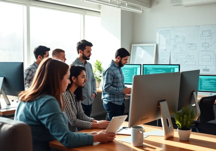 Showcasing a dedicated team in web development collaborating on innovative projects.