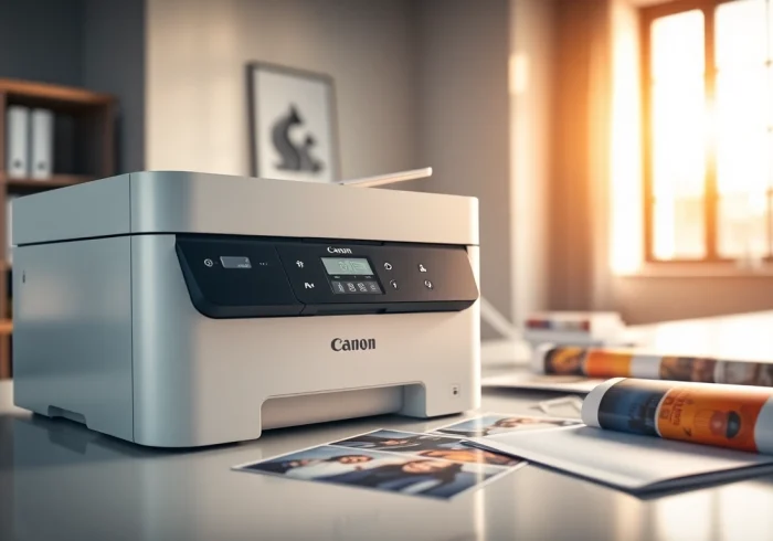 Showcase a Canon Printer in a modern office, emphasizing sleek design and workspace productivity.