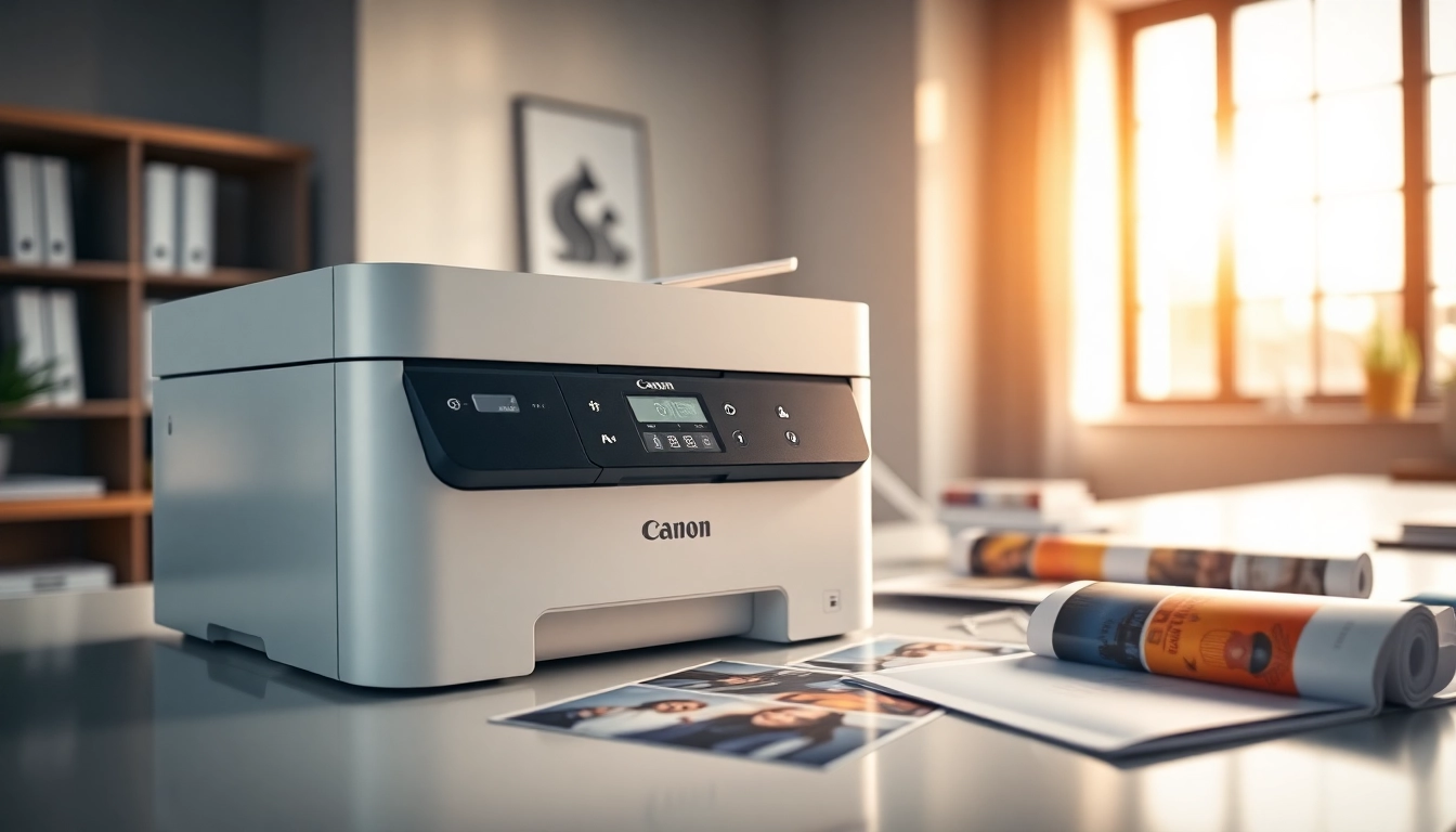 Showcase a Canon Printer in a modern office, emphasizing sleek design and workspace productivity.