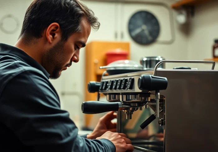 Cimbali service technique in action: a technician expertly repairing an espresso machine.