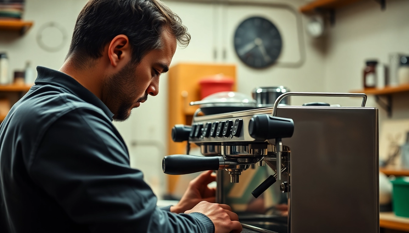 Cimbali service technique in action: a technician expertly repairing an espresso machine.