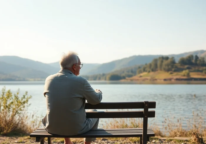 A person reflecting on their journey dealing with grief by a tranquil lake.