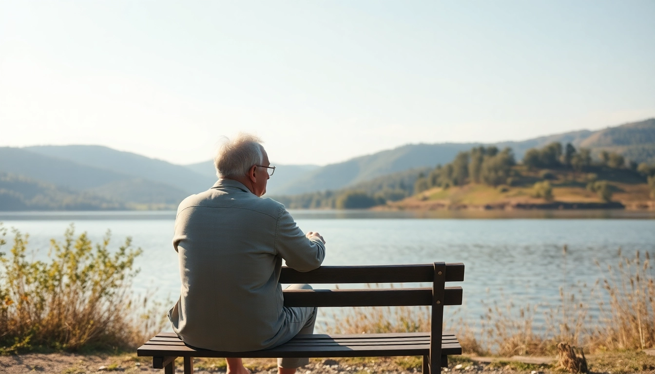 A person reflecting on their journey dealing with grief by a tranquil lake.