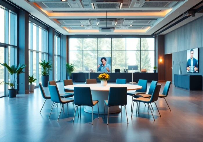 Elegant event space set for a corporate gathering showcasing modern setups and natural light.