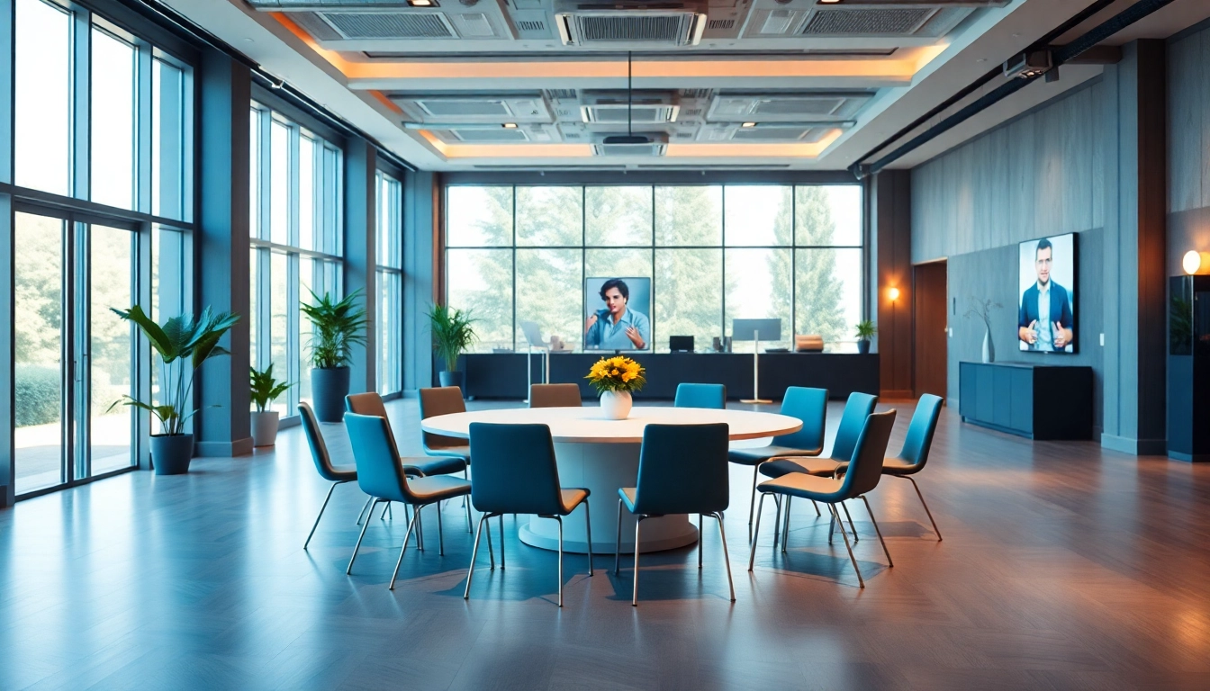 Elegant event space set for a corporate gathering showcasing modern setups and natural light.