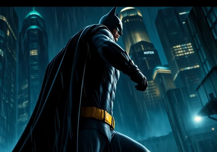 Menggambarkan game batman138 dalam aksi dramatis dengan atmosfer kota Gotham yang gelap.