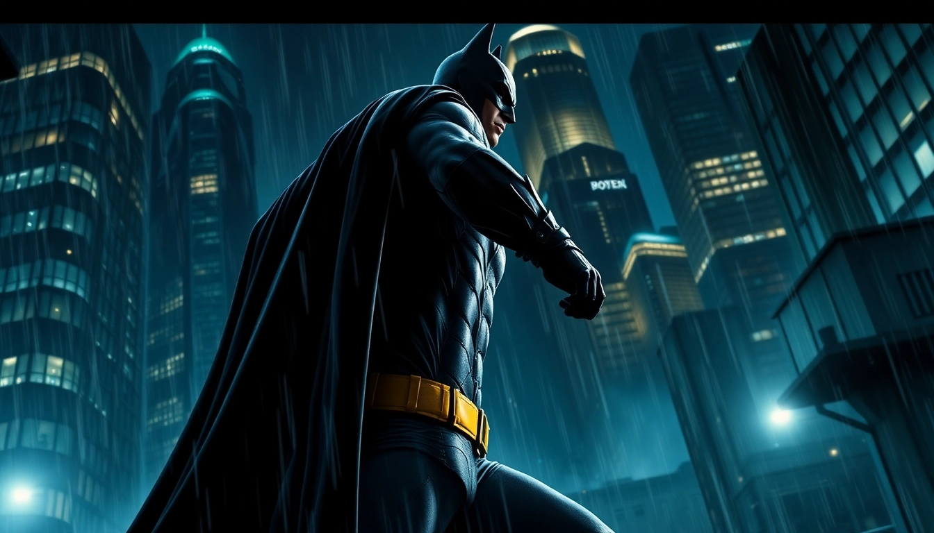 Menggambarkan game batman138 dalam aksi dramatis dengan atmosfer kota Gotham yang gelap.
