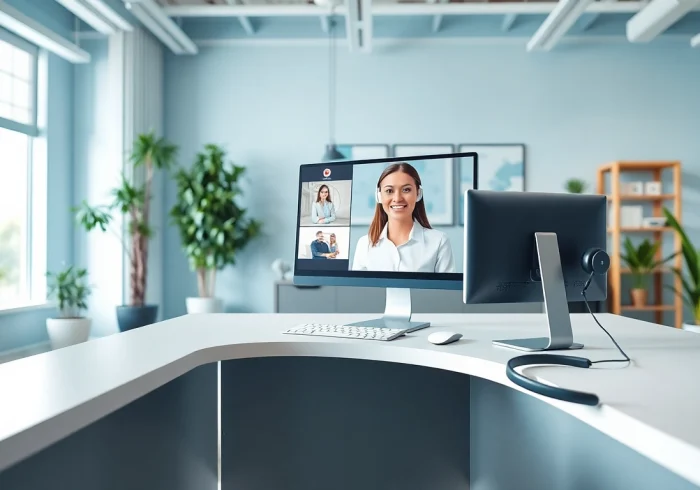 Boost your business with a friendly virtual answer service professional in a modern office setting.